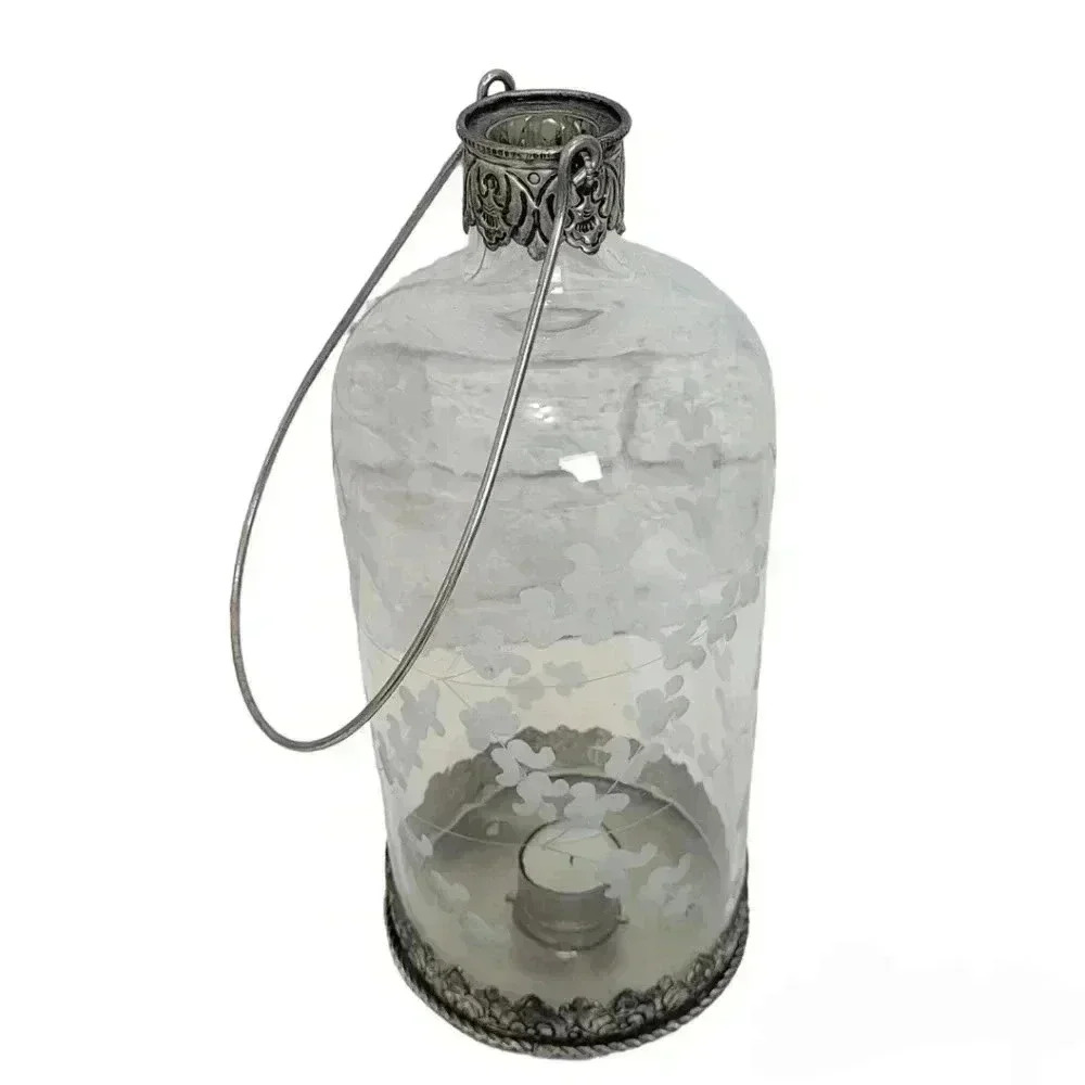 Large 14" Jug  Etched Crystal Tea Votive Candle Holder Silver Metal Handle